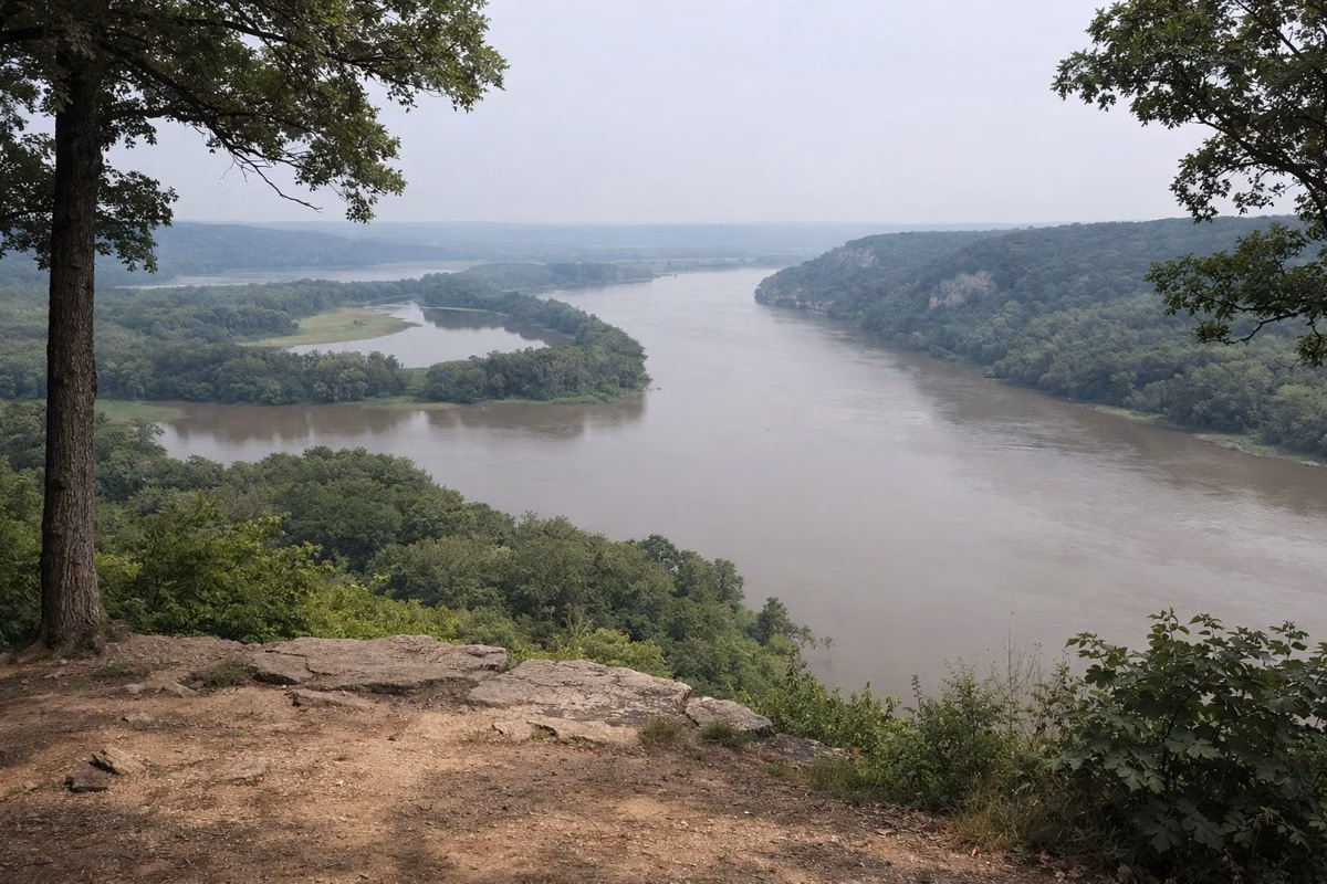 View from a forested bluff-top clearing looking down over a wide river valley and green floodplain, light haze