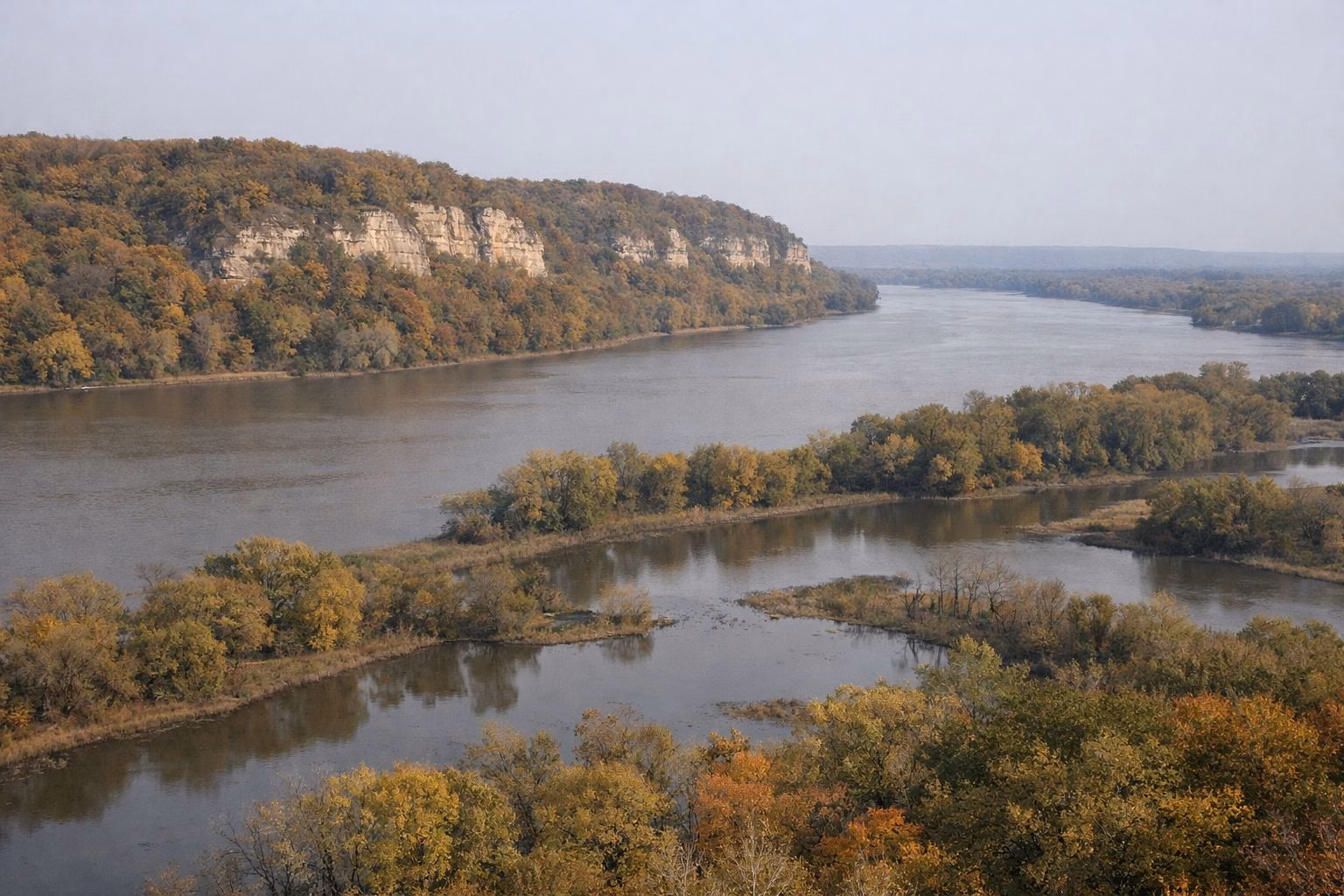 Wooded limestone bluffs in fall color rising above a wide calm river, floodplain backwater lakes and islands below